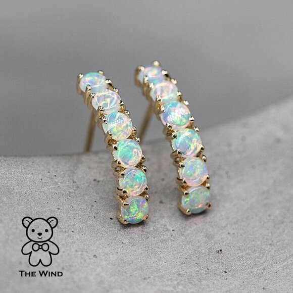The Wind Opal Jewelry - Minimalist Australian Solid Opal Curved Stud Earrings 14K Yellow Gold
